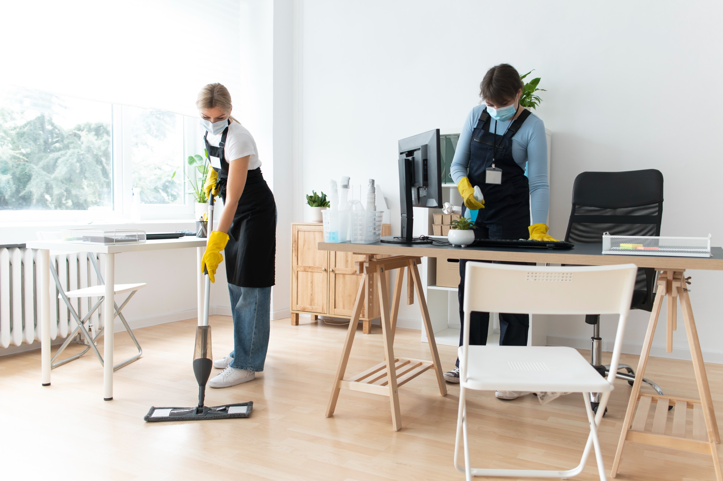 Professional cleaning staff wearing masks and gloves while cleaning a modern home office with eco-friendly products, representing Springflower’s trusted and hygienic home cleaning services.