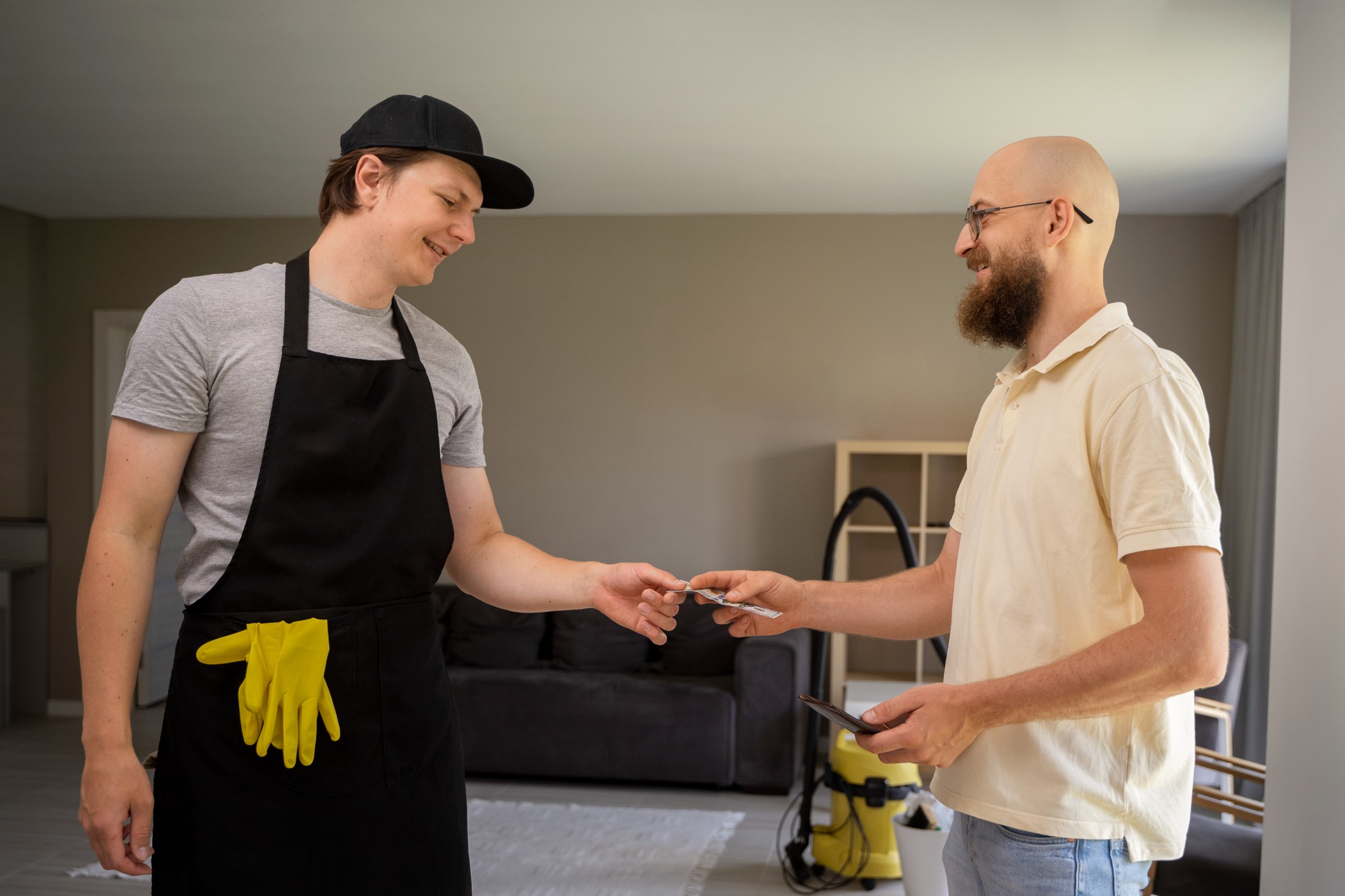 Professional housekeeper completing a home cleaning session and interacting with a satisfied client, symbolizing the ‘zooming out’ technique of seeing the bigger picture and achieving visual harmony in home presentation.