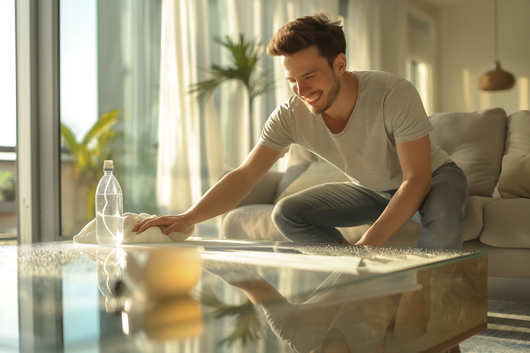 Man wiping a glass coffee table with a microfiber cloth and water bottle, demonstrating a water-first, chemical-free cleaning method for a healthier, residue-free home.